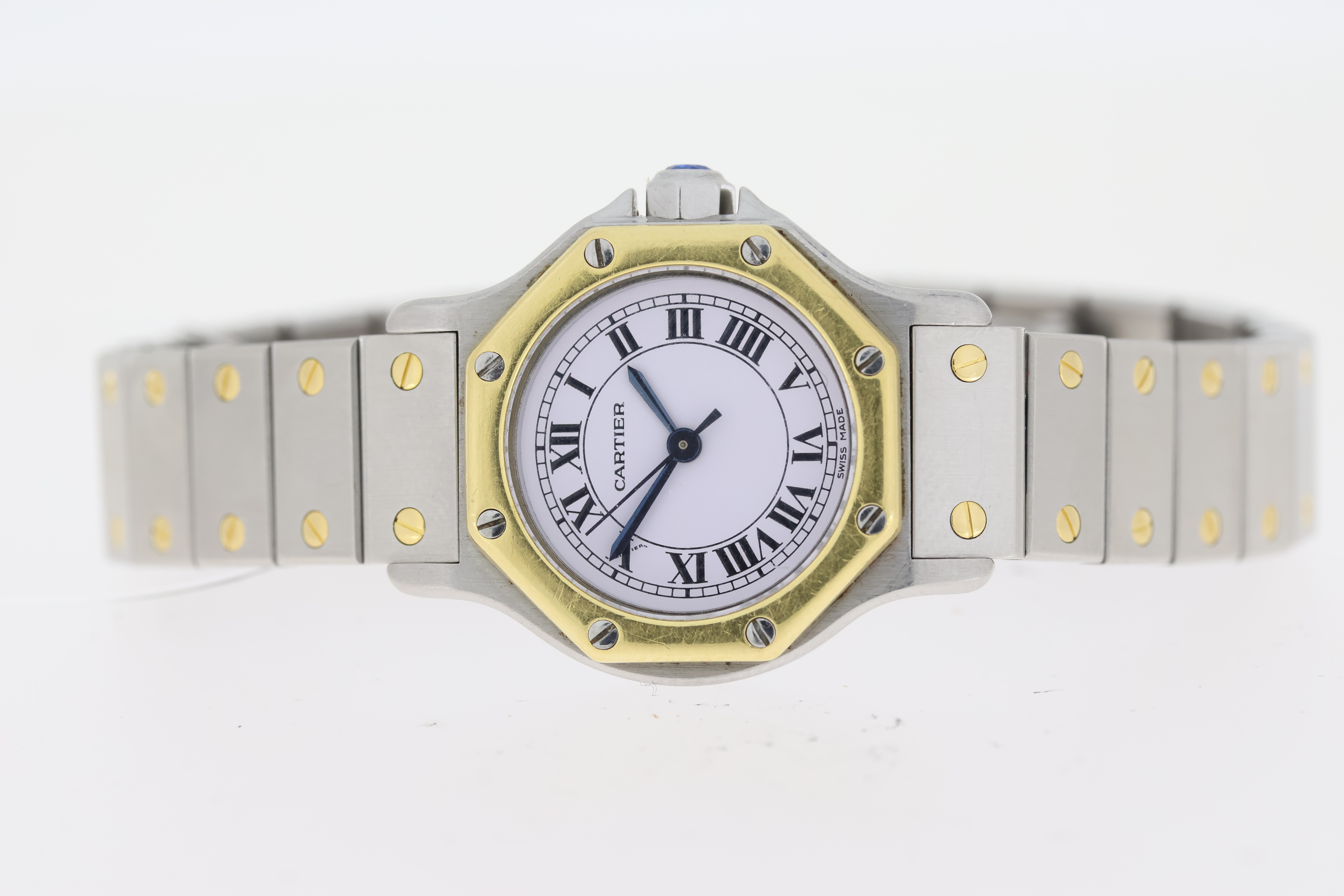 CARTIER SANTOS RONDE OCTOGON AUTOMATIC WITH PAPERS, white circular dial, gold octagonal bezel, - Image 3 of 7