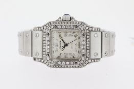 CARTIER SANOTS AUTOMATIC DIAMOND SET REFERENCE 2423, silver radial dial with Roman numerals, after