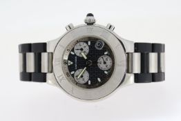 CARTIER 21 CHRONOGRAPH REFERENCE 2424, black dial, three subsidairy dials, stainless steel beel with