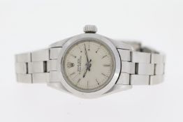 LADIES ROLEX OYSTER PERPETUAL REFERENCE 67180 CIRCA 1987, circular silver dial with baton hour