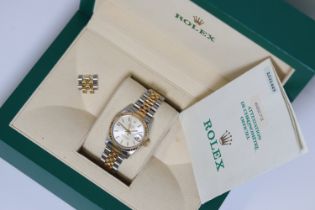 LADIES ROLEX DATEJUST REFERENCE 68273 BOX AND PAPERS 1989, circular silver dial with gold baton hour