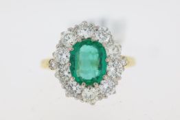 Fine Emerald and Diamond Cluster Ring, 18ct yellow & white gold, oval cut emerald surrounded by