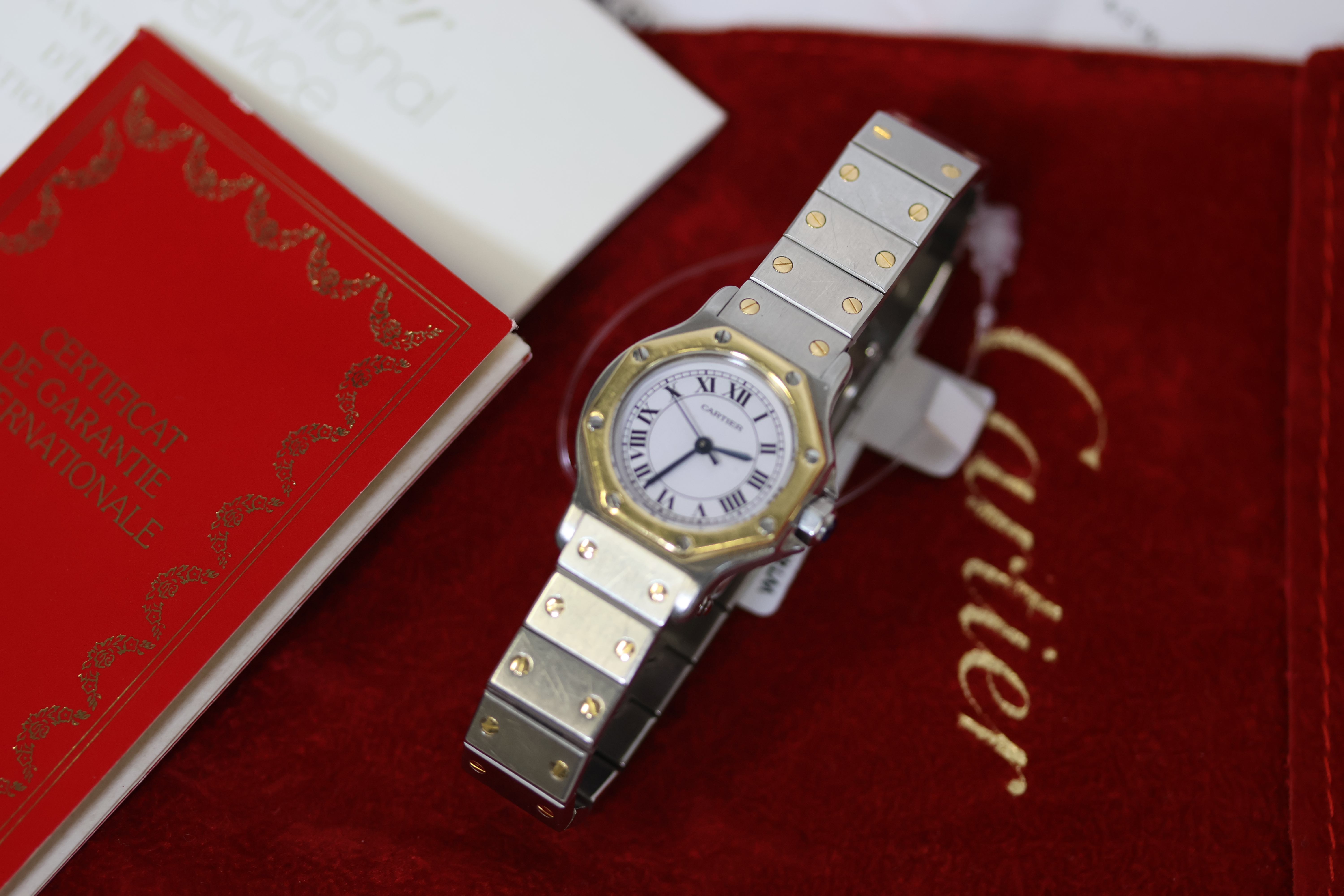 CARTIER SANTOS RONDE OCTOGON AUTOMATIC WITH PAPERS, white circular dial, gold octagonal bezel, - Image 6 of 7