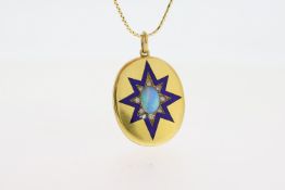 Victorian Opal and Enamel Locket, oval, yellow metal, hinged satin finish locket. To the centre of