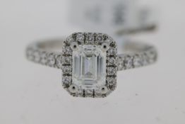 1.01ct GIA F colour Emerald cut diamond ring with diamond set halo and shoulders. Emerald cut