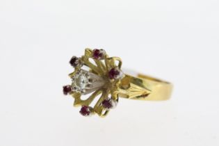 18ct Ruby and Diamond Vintage Ring, floral cluster, high top, engraved 'Sterns', 7.5g