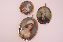 A Group of 3 Antique Portrait Miniatures - 1. Lady with bonnet, approx 9x7cm rose gold frame plus