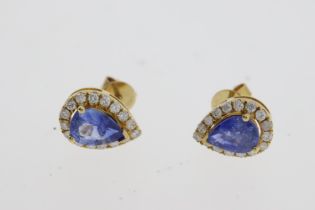 Pear shaped halo sapphire and diamond earrings. Marked 585. Length 1cm