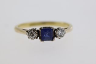 Square sapphire and diamond 3 stone ring stamped 18CT&PT