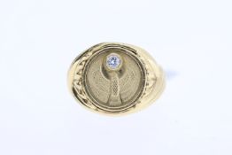 14K diamond set coin ring, Eagle design, single stone brilliant cut diamond estimated 0.10ct,