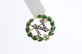 Antique Rose Cut Diamond Set N Brooch, diamond set initial, green enamel wreath, in yellow gold, 3.