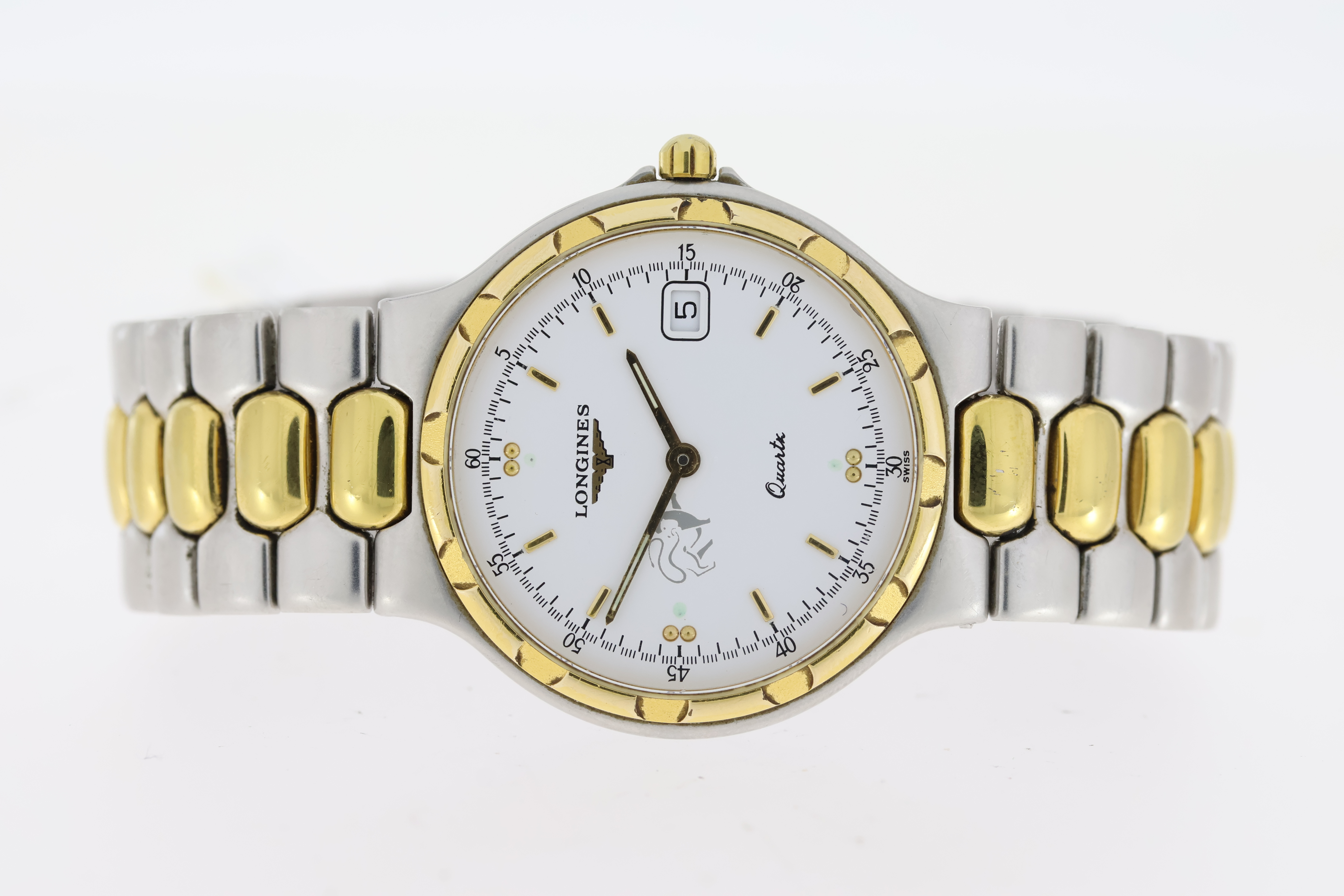 LONGINES CONQUEST REFERENCE L1614.3, white dial with Lion emblem, gold baton hour markers and hands,