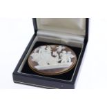 9ct Shell Cameo, carved scene with cherus pulling a lady on wagon, fine rope edge boarder, marked