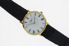 VINTAGE LONGINES QUARTZ WATCH. Approx 34mm gold plated case with a snap on case back. Black roman