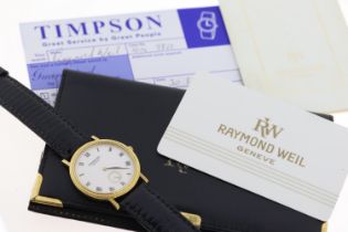 RAYMOND WEIL 'CALATRAVA' REF 9825 WITH PAPERS, white dial, Roman numerals, coin edge bezel, 18ct