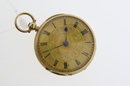 18CT KEY WOUND POCKET WATCH, champagne decorated dial with roman numerals, approx 40mm 18ct gold