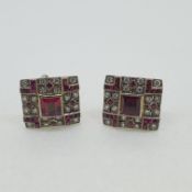 White gold square ruby and diamond set earrings. 18ct