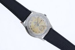 Vintage Benrus Day Date Manual Wind Wristwatch, silver patina dial, baton hour markers with arabic