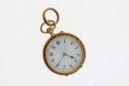 18ct CONTINENTAL ENAMEL POCKETWATCH WM BRUFORD + SON, EXETER, white dial with black Arabic numerals,