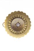 Victorian Etruscan Style Brooch, Old Cut Diamond Center, approx 3.5mm diameter, yellow gilt,