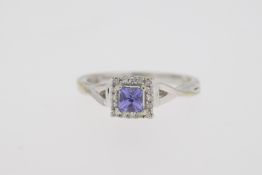 9ct White Gold, 0.25pt Princess Cut Tanzanite, 0.16pt RBC Diamond Surround, Cluster Ring, 2.33g