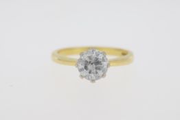 18ct Yellow Gold White Setting, 1.53ct H/I I1/I2 Round Brilliant Cut Diamond, 8 Claw Solitaire Ring,