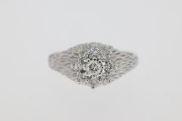 18ct White Gold, 0.55pt I/J SI Round Diamond, Floral Style Cluster Ring With Bark Effect Textured