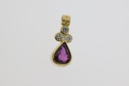 18ct Yellow Gold, 0.38pt Pear Cut Ruby, 0.08pt Round Brilliant Cut Diamond, Rubover Set Pendant, 0.