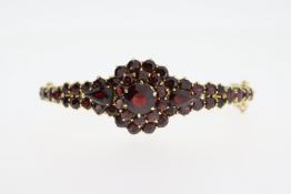 14ct Yellow Gold, Claw Set, Garnet Cluster (2x Pear Cut, 47x Round) Hinged Bangle With Safety Chain,