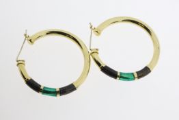 18ct Yellow Gold, 3 Colour Glitter Section (2x Brown, 1x Green) Thick Tube Hoop Earrings, 8.47g