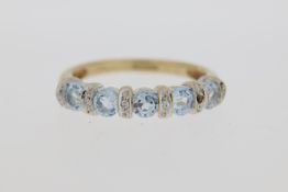 9ct Yellow Gold, Round Blue Topaz 5 Stone Ring, Diamond Accents Between Topaz (1x Dia Missing), 2.