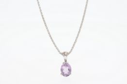 18ct White Gold, Oval Cut Amethyst 3 Claw Pendant on 18ct White Gold Braided Curb Chain, 4.15g