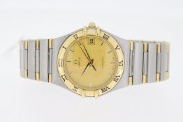 OMEGA CONSTELLATION QUARTZ STEEL AND GOLD CIRCA 1998, circular champagne dial with baton hour