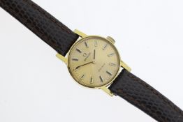 Yellow Plated Base Metal, Gold Dial Omega Watch, Brown Leather Strap