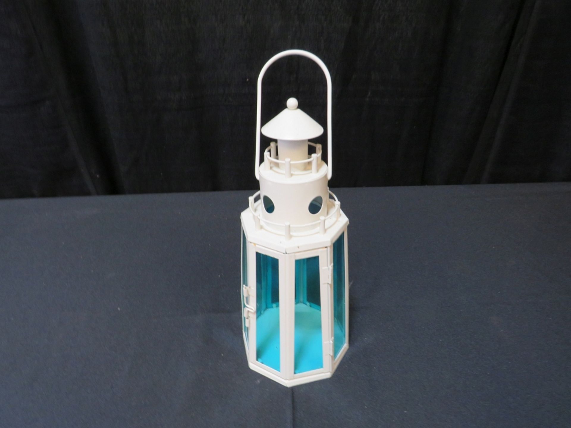 12" Lighthouse Metal Lantern w/ Blue Glass