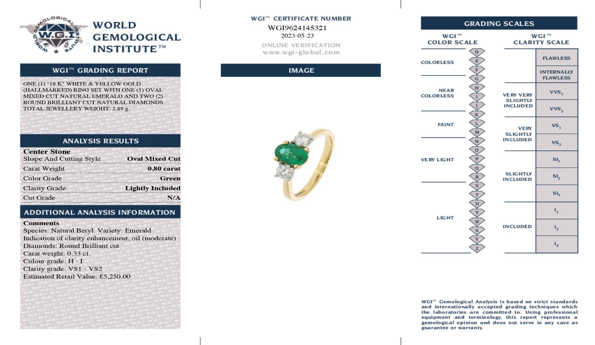 An 18ct Yellow Gold Emerald and Diamond Three-Stone Ring - Image 2 of 2