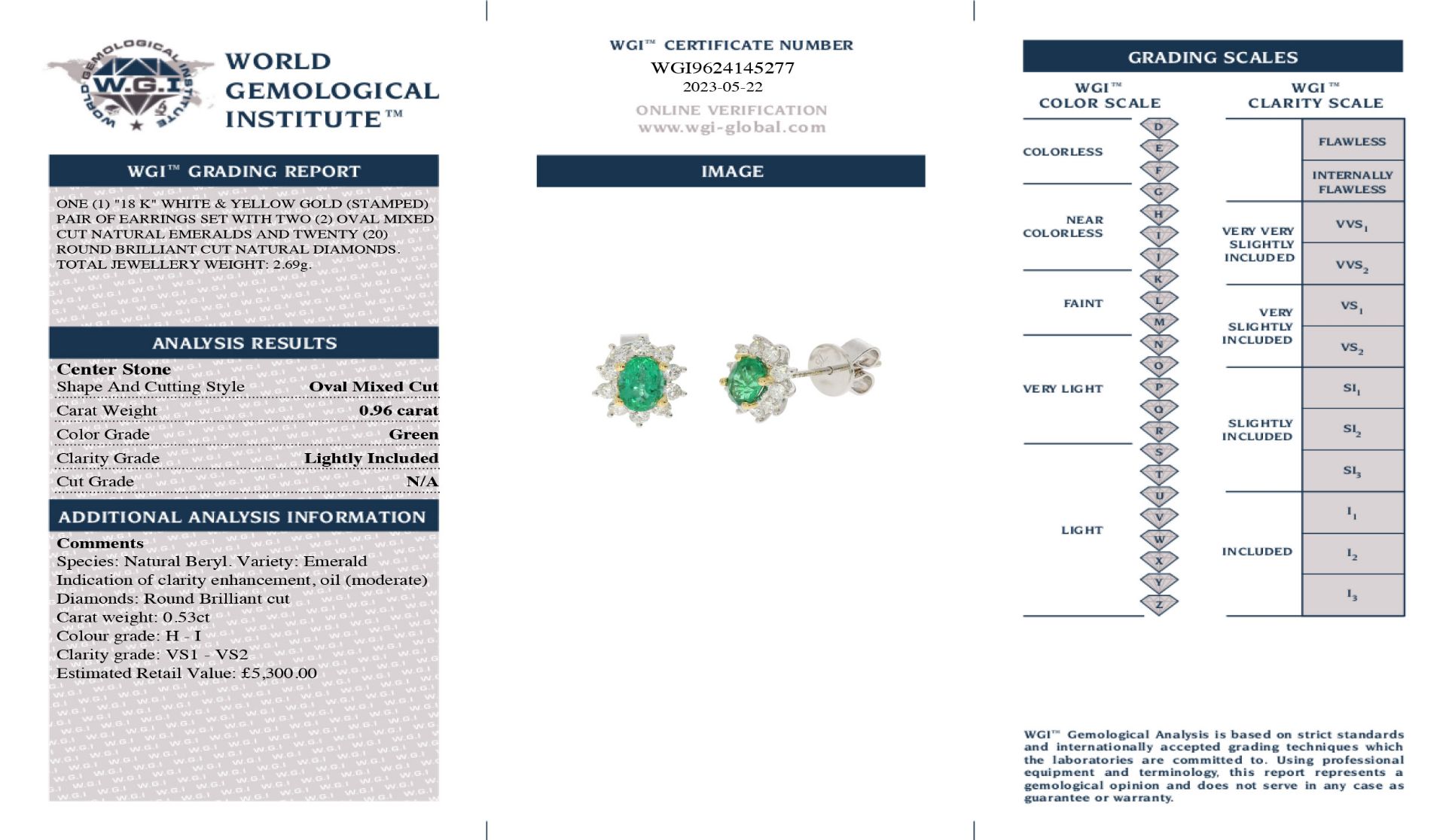 A Pair Of 18ct White And Yellow Gold Emerald and Diamond Earrings - Image 2 of 2