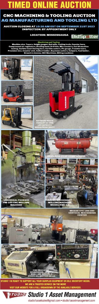 ASSETS OF AG MFG: CNC MACHINING AND TOOLING TIMED ONLINE AUCTION AUGMENTED WITH FORKLIFTS & PALLET JACKS - OFF LEASE