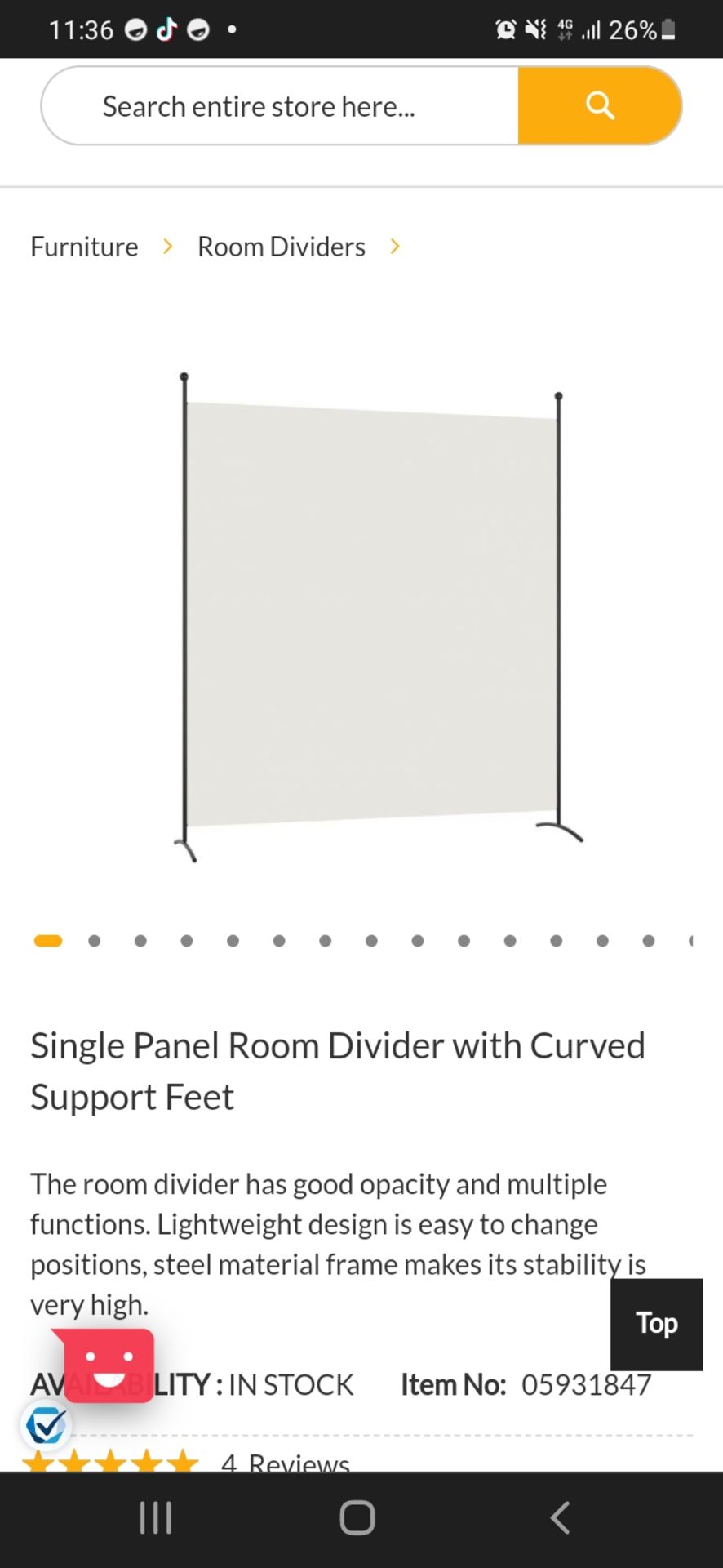 BRANDNEW SINGLE PANEL ROOM DIVIDER WITH CURVED FEET 180X185