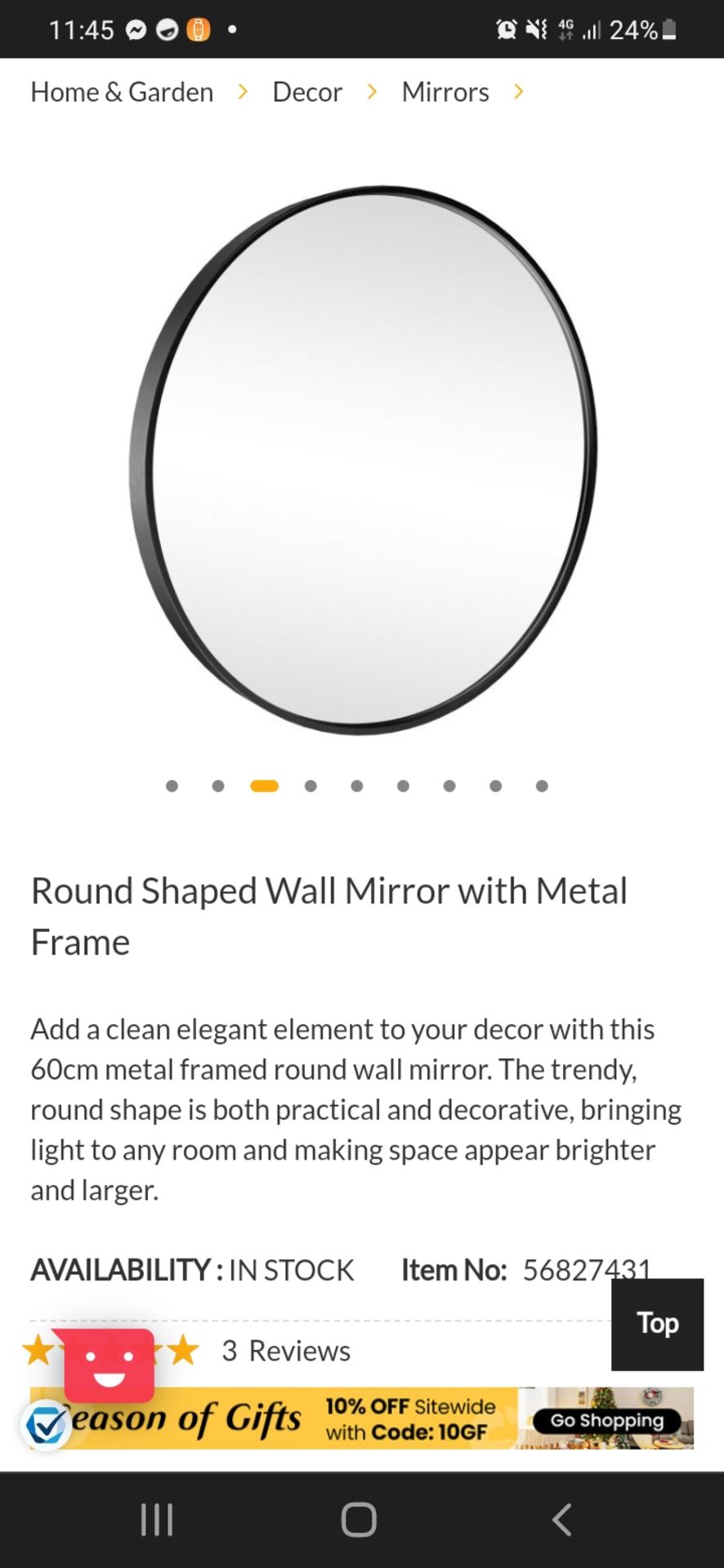 BRAND NEW CIRCLE MIRROR BLACK 60CM