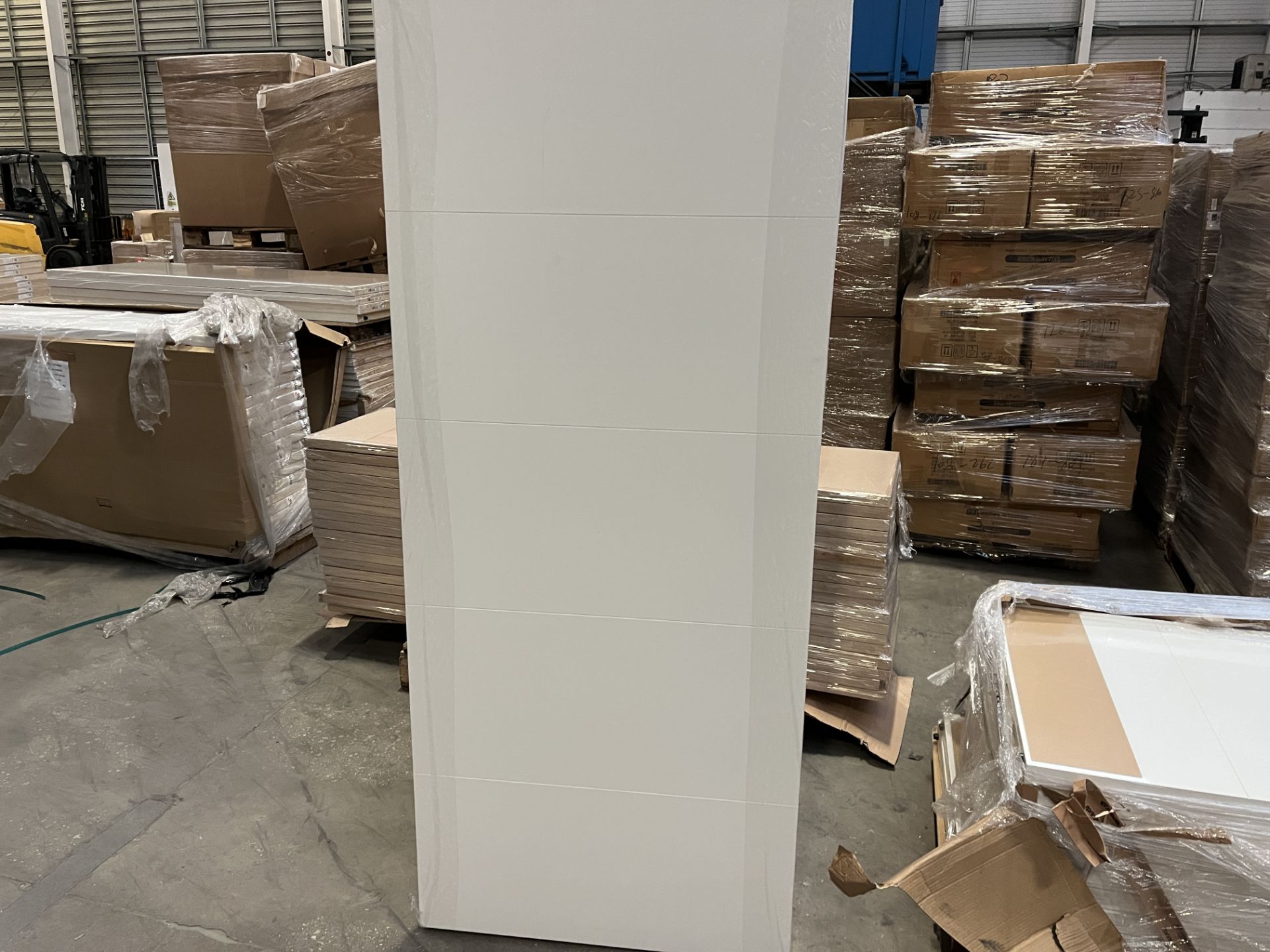 PALLET TO INCLUDE 11 X BRAND NEW VICAIMA WHITE WOOD GRAIN 5 PANEL FIRE DOORS 78 X 33 X 1.7 INCHES