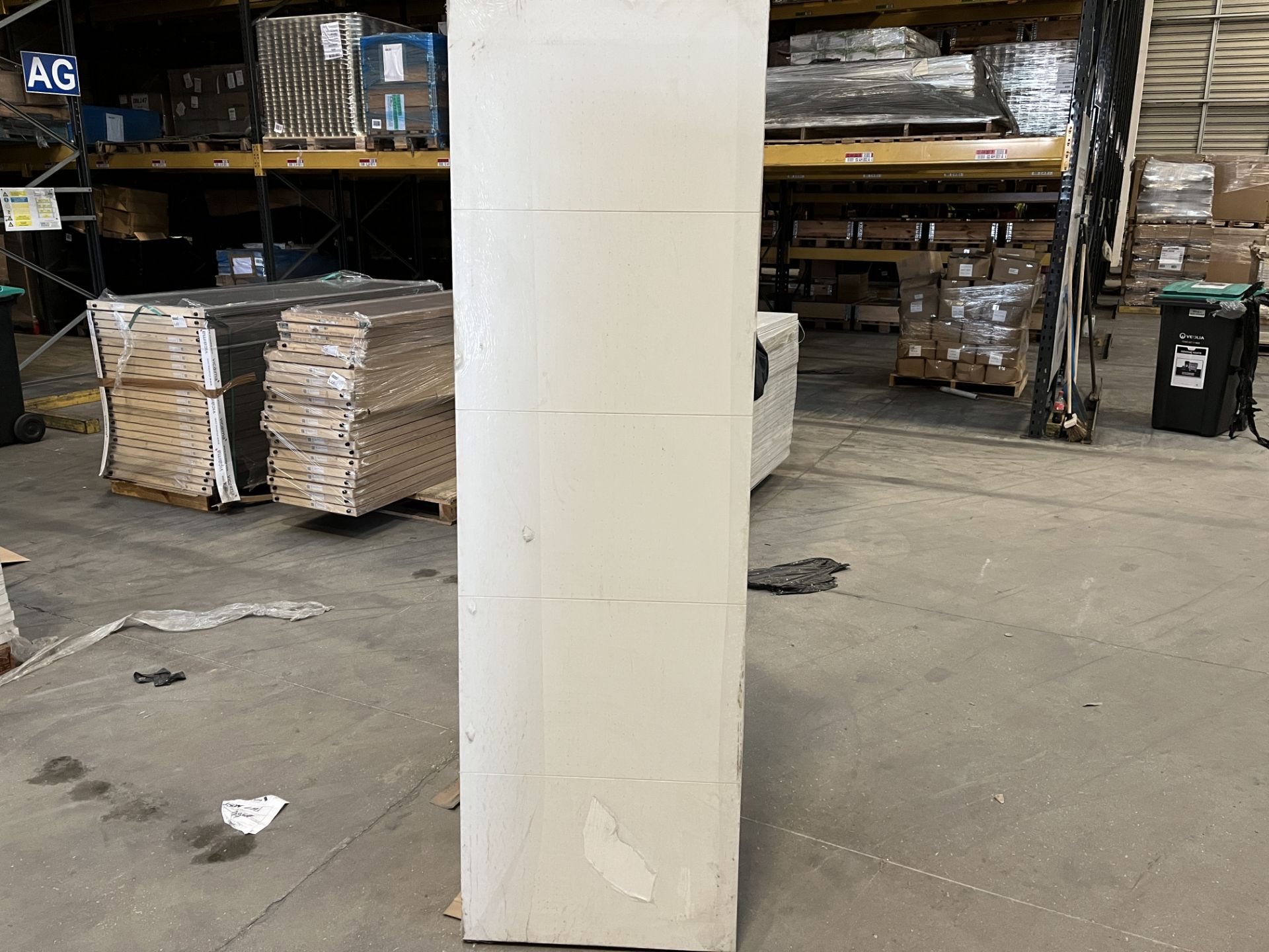 PALLET TO CONTAIN 14 X BRAND NEW WHITE WOOD GRAIN 5 PANEL FIRE DOORS 78 X 24 X 1.7 INCHES