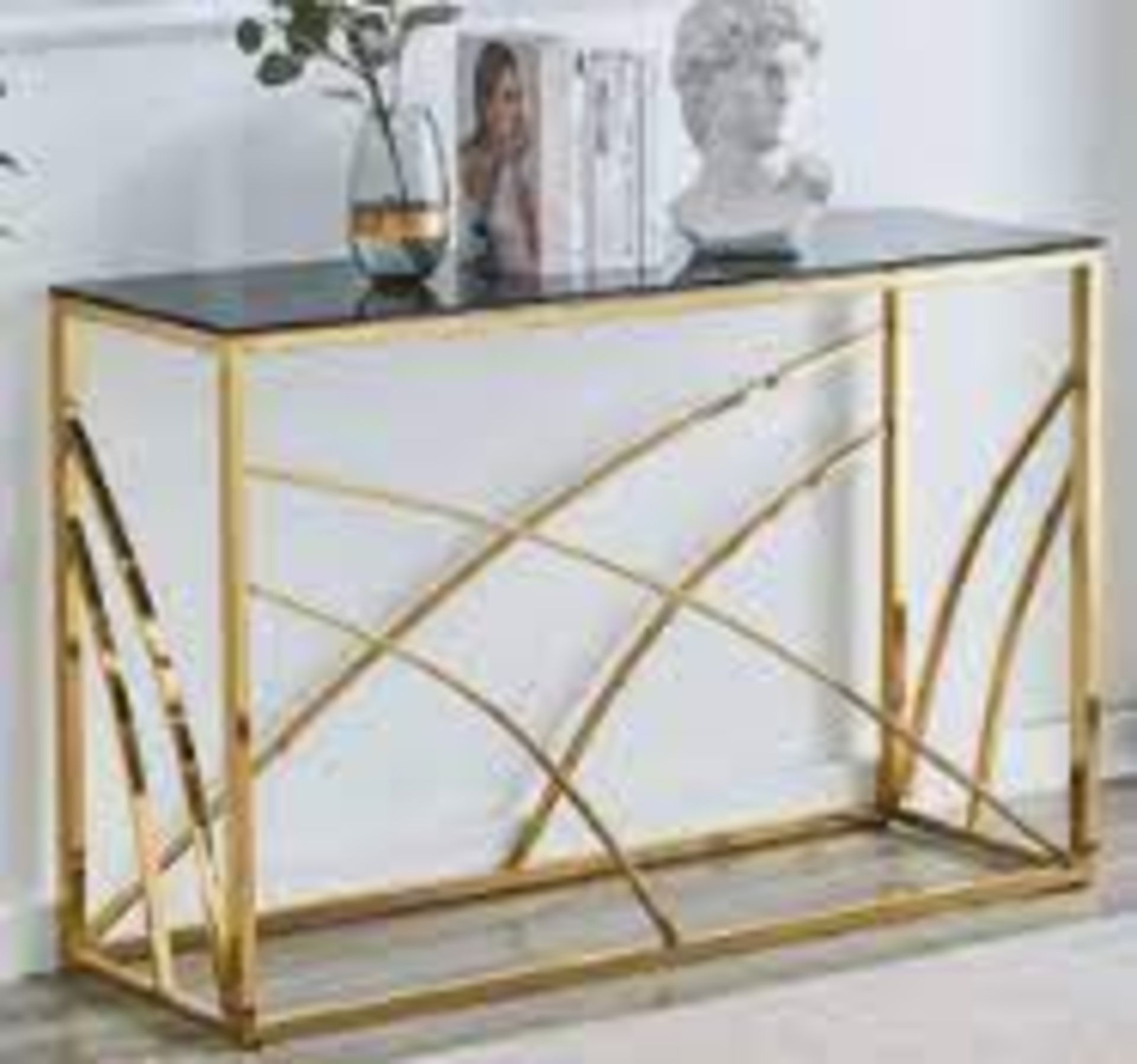 BRAND NEW STAINLESS STEEL CONSOLE TABLE WITH A GLASS TOP IN GOLD 120CM (JHAS55G) RRP £229 S1P
