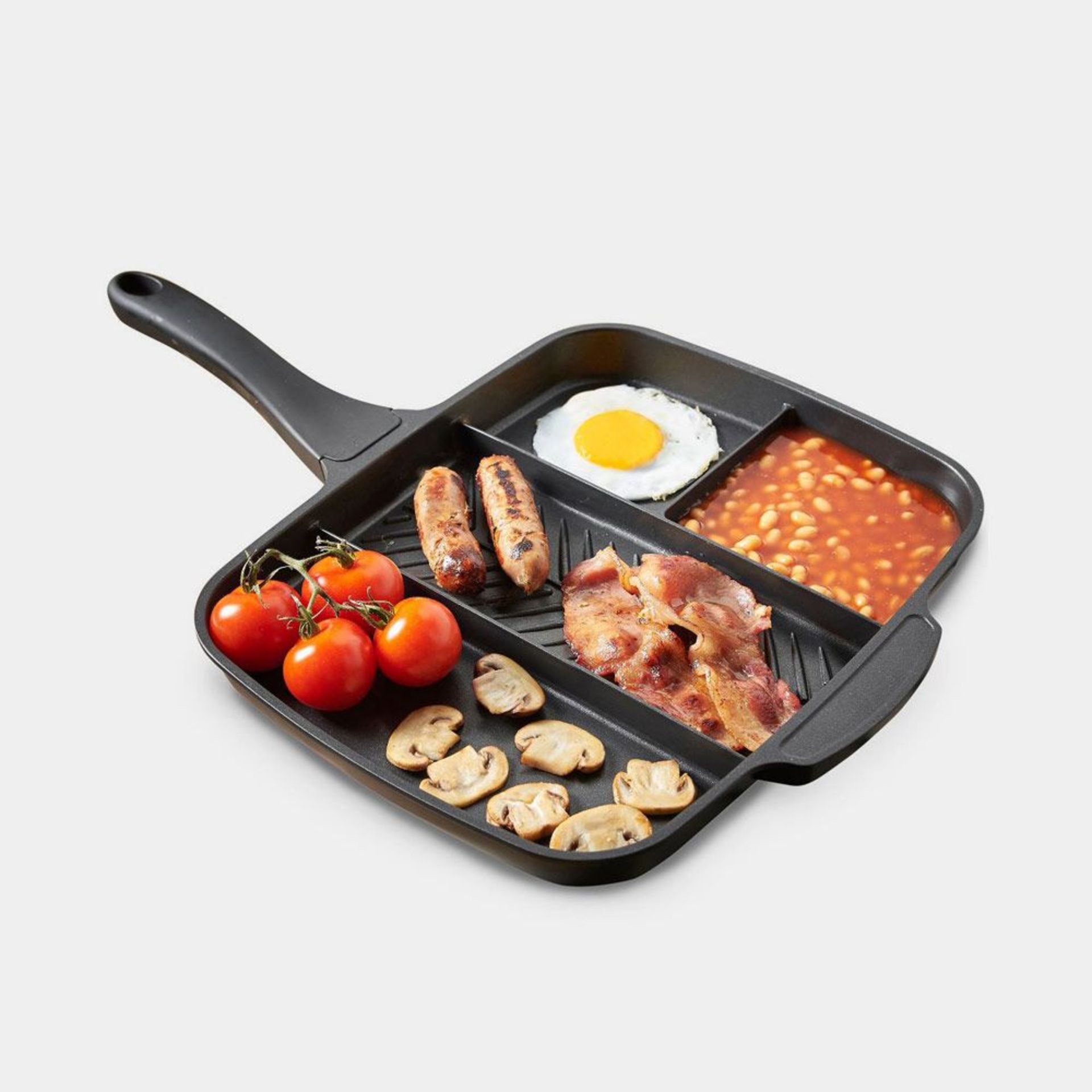Multi Section Frying Pan. Four sections means you can cook multiple foods simultaneously – without