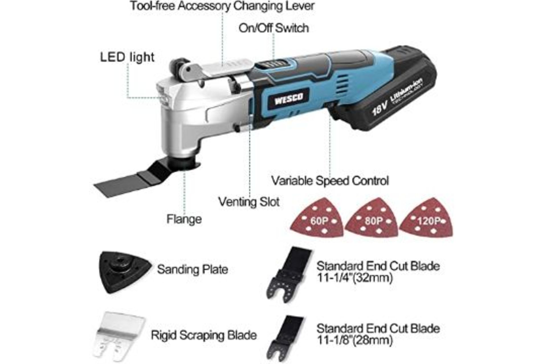 New Boxed WESCO 20V Cordless Oscillating Tool Kit, 2.0 Ah Oscillating Multi-Tool, 3° Oscillation - Bild 2 aus 3