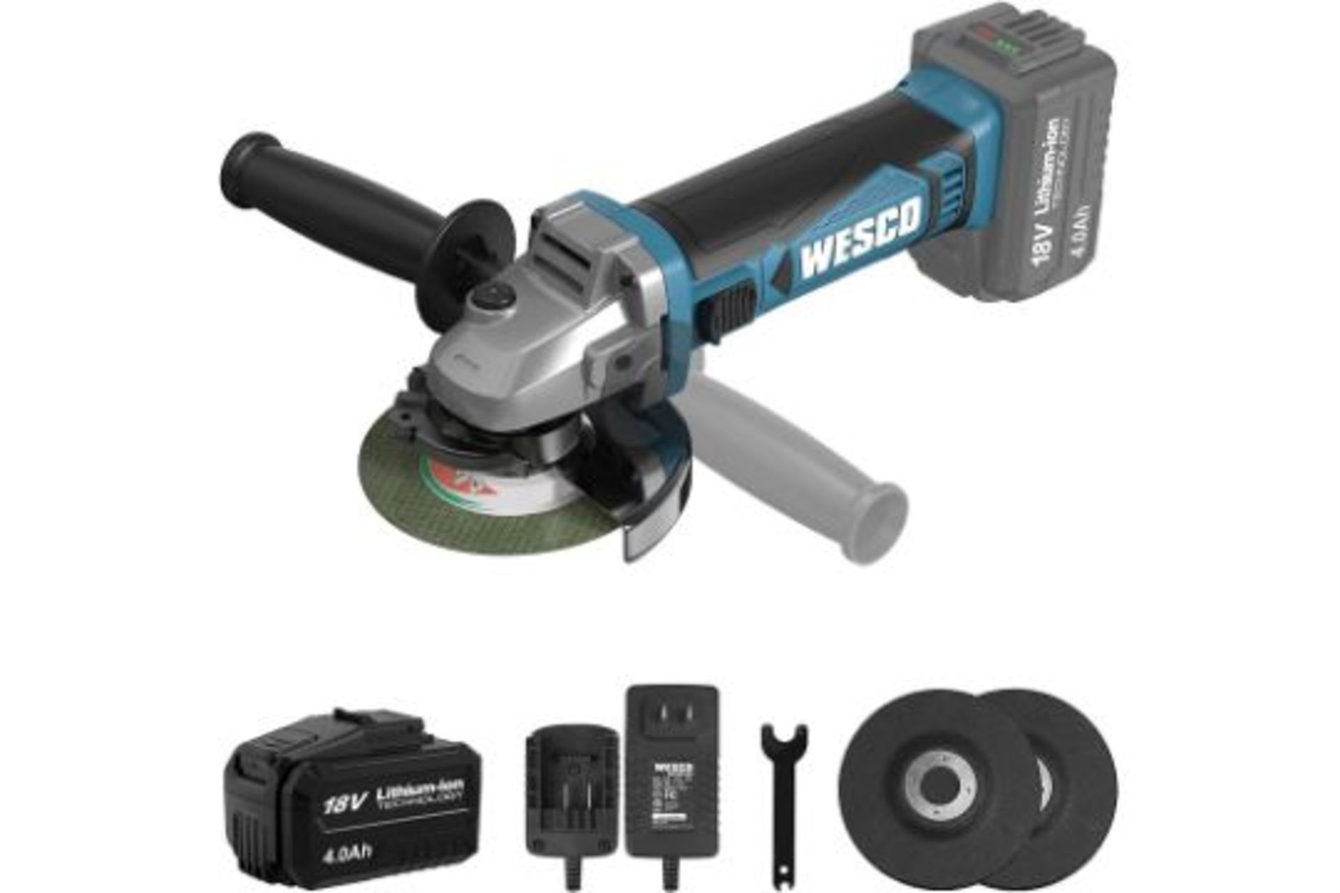 New Boxed WESCO Cordless Angle Grinder, 18V 4.0Ah Cordless Grinder, Angle Grinder Cordless with