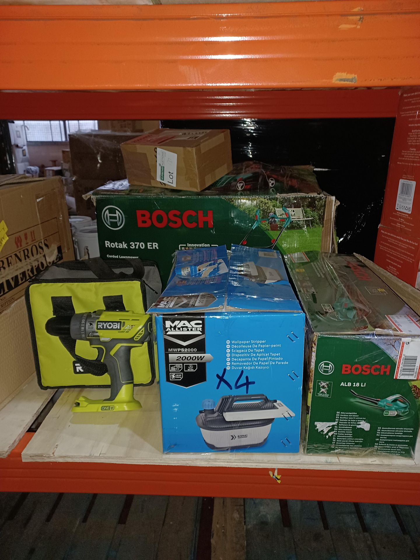 4 x Mixed tools lot to include Ryobi Cordless Drill, Bosch Lef Blower, Bosch Lawnmower etc - BI