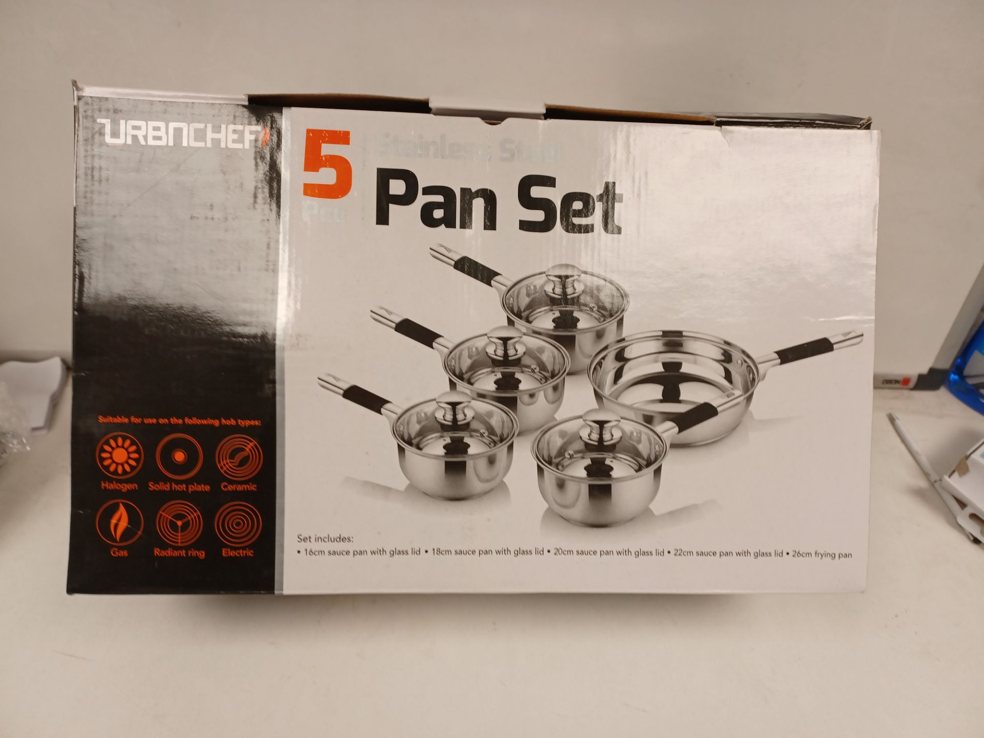 PALLET TO CONTAIN 36 X BOXED SETS OF URBNCHEF 5 PIECE STAINLESS STEEL PAN SETS. EACH SET INCLUDES: