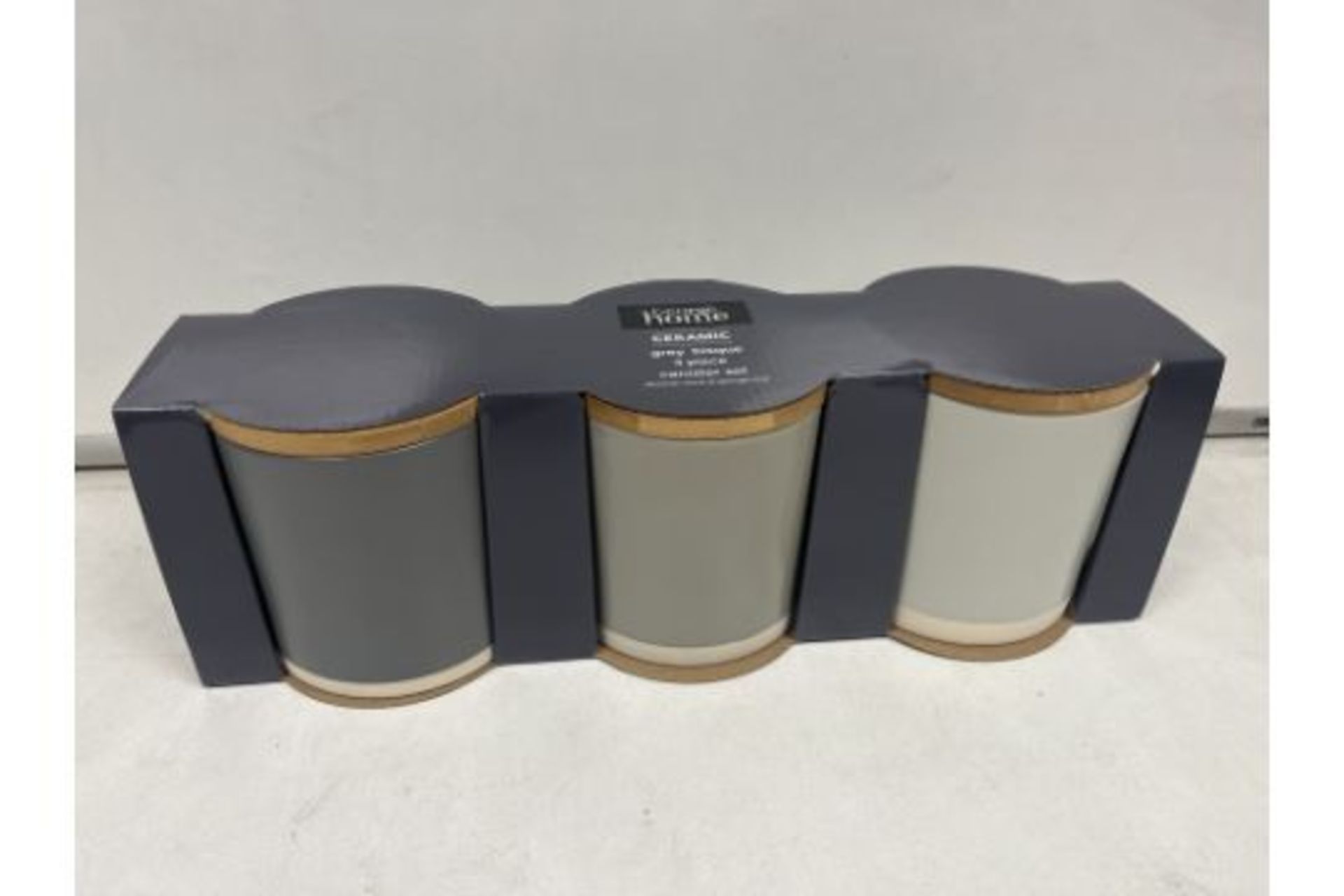 8 X NEW BOXED SETS OF 3 GEORGE HOME CERAMIC GREY BISQUE 3 PIECE CANISTER SETS. (ROW11RACK)