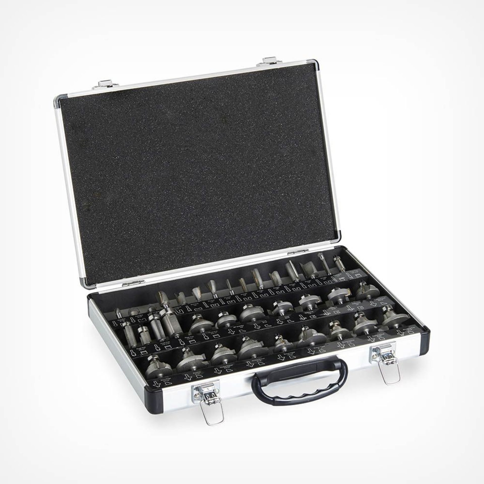 35 Piece Router Bit Set. Inside, you’ll find assorted sizes of: core box, 'V' groove, round nose,